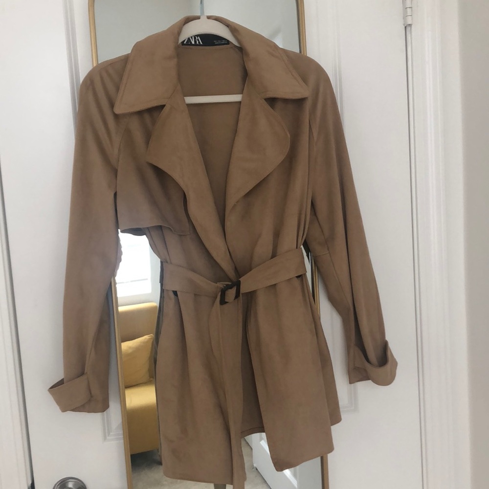 ZARA Camel Faux Suede Trench Coat with Belt